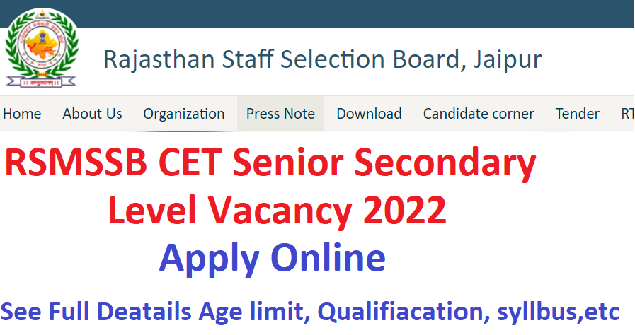 RSMSSB CET Senior Secondary Level Vacancy 2022